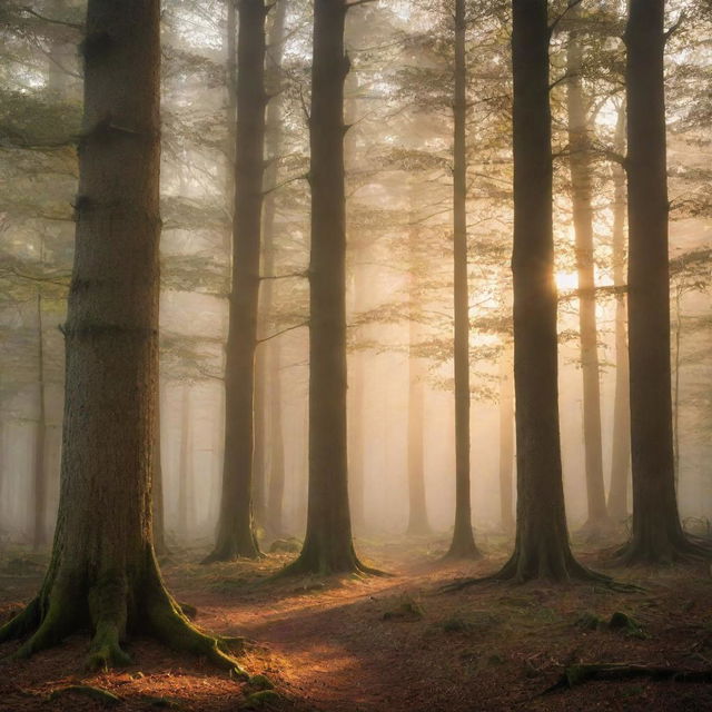 A beautiful mystic forest with towering old trees, bathed in the soft light of a setting sun