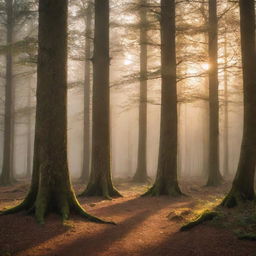 A beautiful mystic forest with towering old trees, bathed in the soft light of a setting sun