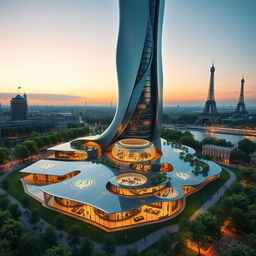 Bionic-shaped skyscraper with smooth lines and zigzags in Paris