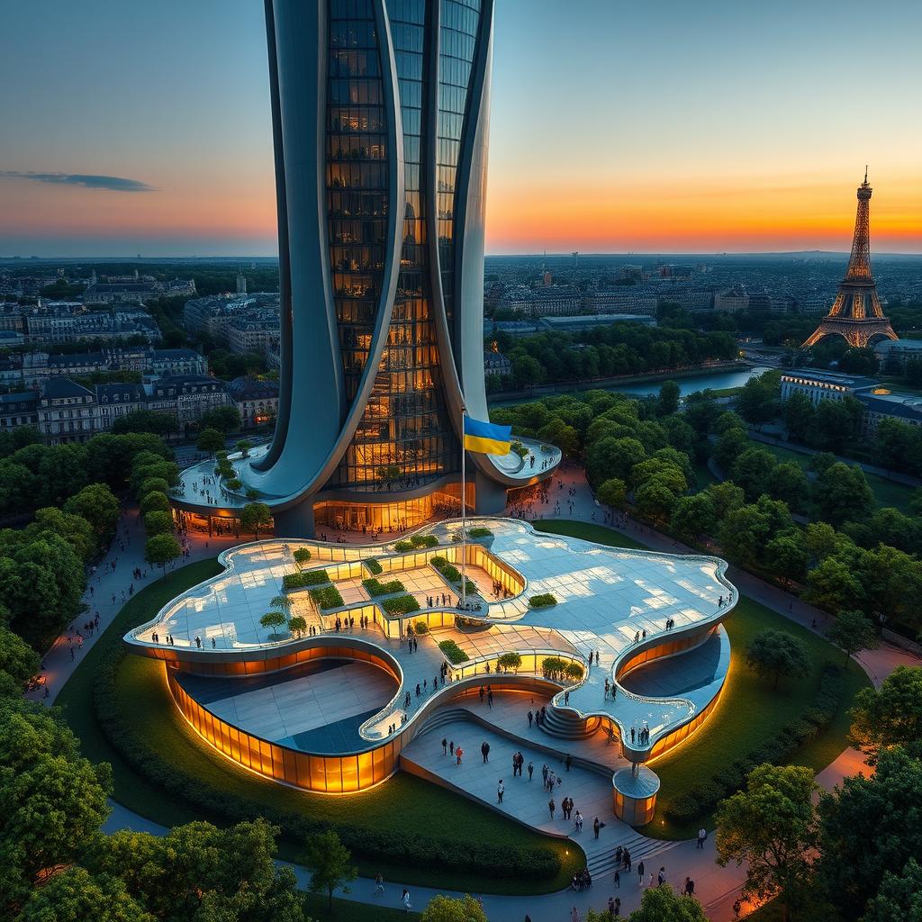 A bionic-shaped skyscraper with smooth lines and zigzags, situated in Paris