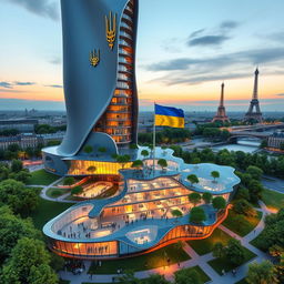 A bionic-shaped skyscraper with smooth lines and zigzags, situated in Paris