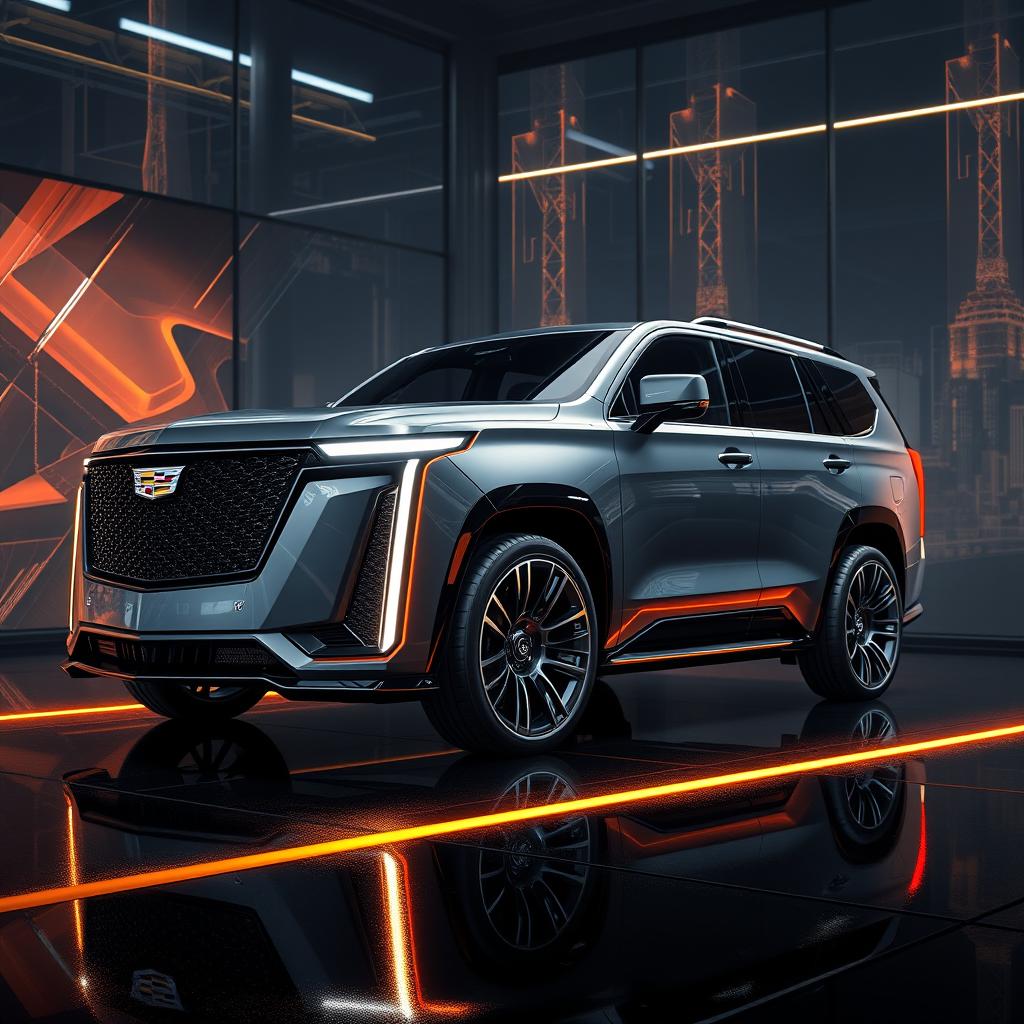 hyper-realistic 2025 Cadillac Escalade-V inspired by IQ with futuristic, aerodynamic design, rendered to showcase its sleek and innovative lines, featuring a detailed and dynamic environment reflecting its cutting-edge technology