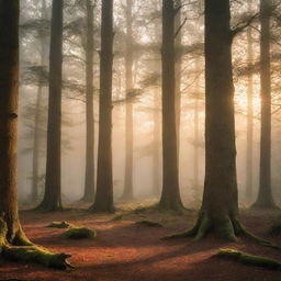 A beautiful mystic forest with towering old trees, bathed in the soft light of a setting sun