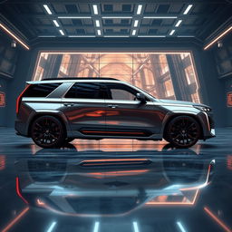 hyper-realistic 2025 Cadillac Escalade-V inspired by IQ with futuristic, aerodynamic design, rendered to showcase its sleek and innovative lines, featuring a detailed and dynamic environment reflecting its cutting-edge technology