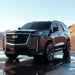 hyper-realistic 2025 Cadillac Escalade-V inspired by IQ with futuristic, aerodynamic design, rendered to showcase its sleek and innovative lines, featuring a detailed and dynamic environment reflecting its cutting-edge technology