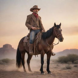 A solitary gunslinger and knight from the Wild West, standing in a dusty desert with a sunset backdrop. He's clad in cowboy attire with a weathered hat, resting a hand on the saddle of his loyal steed.