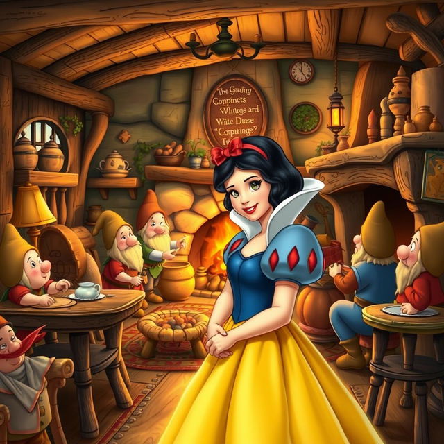 Snow White in the cozy house of the seven dwarfs, surrounded by rustic furniture, charming household items, and a warm fireplace