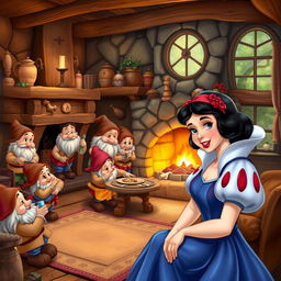 Snow White in the cozy house of the seven dwarfs, surrounded by rustic furniture, charming household items, and a warm fireplace