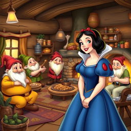 Snow White in the cozy house of the seven dwarfs, surrounded by rustic furniture, charming household items, and a warm fireplace