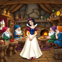 Snow White in the cozy house of the seven dwarfs, surrounded by rustic furniture, charming household items, and a warm fireplace