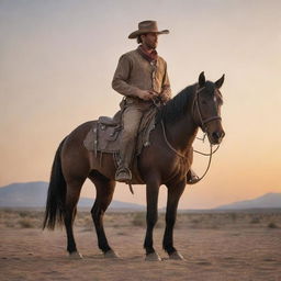 A solitary gunslinger and knight from the Wild West, standing in a dusty desert with a sunset backdrop. He's clad in cowboy attire with a weathered hat, resting a hand on the saddle of his loyal steed.