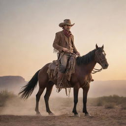 A solitary gunslinger and knight from the Wild West, standing in a dusty desert with a sunset backdrop. He's clad in cowboy attire with a weathered hat, resting a hand on the saddle of his loyal steed.