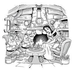 Snow White in the cozy house of the seven dwarfs, surrounded by rustic furniture, charming household items, and a warm fireplace