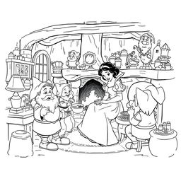 Snow White in the cozy house of the seven dwarfs, surrounded by rustic furniture, charming household items, and a warm fireplace