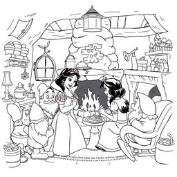 Snow White in the cozy house of the seven dwarfs, surrounded by rustic furniture, charming household items, and a warm fireplace