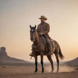 A solitary gunslinger and knight from the Wild West, standing in a dusty desert with a sunset backdrop. He's clad in cowboy attire with a weathered hat, resting a hand on the saddle of his loyal steed.