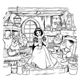 Snow White in the cozy house of the seven dwarfs, surrounded by rustic furniture, charming household items, and a warm fireplace