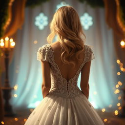 a blonde woman seen from behind, wearing an elegant white princess gown, standing gracefully in a fairytale-like setting with a hint of magic in the atmosphere, surrounded by soft, sparkling lights