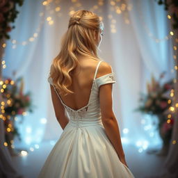 a blonde woman seen from behind, wearing an elegant white princess gown, standing gracefully in a fairytale-like setting with a hint of magic in the atmosphere, surrounded by soft, sparkling lights