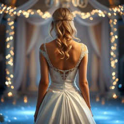 a blonde woman seen from behind, wearing an elegant white princess gown, standing gracefully in a fairytale-like setting with a hint of magic in the atmosphere, surrounded by soft, sparkling lights