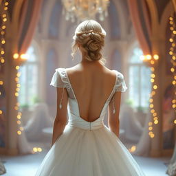 a blonde woman seen from behind, wearing an elegant white princess gown, standing gracefully in a fairytale-like setting with a hint of magic in the atmosphere, surrounded by soft, sparkling lights