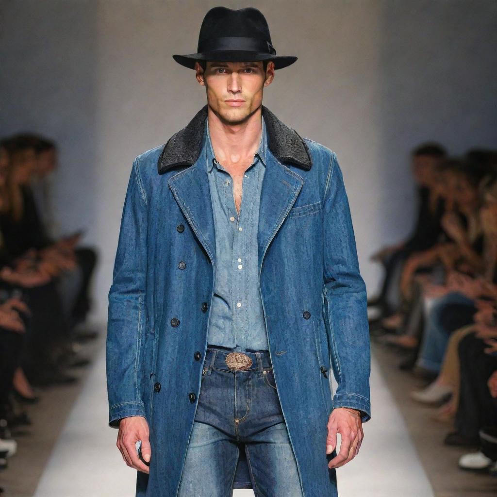 A slim and handsome male model strutting down the runway. He's clad in stylish jeans and a coat, adorned with tasteful jewelry and topped with an eye-catching hat.