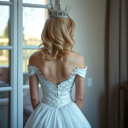 A blonde woman with medium ash blonde hair is standing with her back turned, wearing an elegant white princess gown and a crown