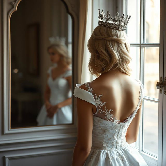 A blonde woman with medium ash blonde hair is standing with her back turned, wearing an elegant white princess gown and a crown