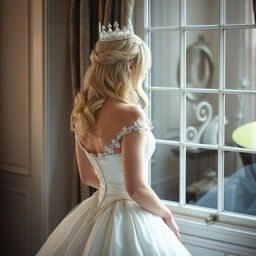 A blonde woman with medium ash blonde hair is standing with her back turned, wearing an elegant white princess gown and a crown