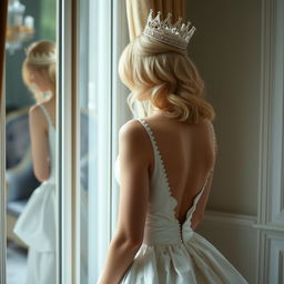 A blonde woman with medium ash blonde hair is standing with her back turned, wearing an elegant white princess gown and a crown