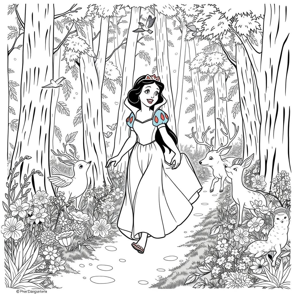 Snow White walking joyfully through an enchanted forest, surrounded by tall trees and vibrant flowers