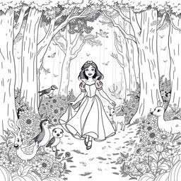 Snow White walking joyfully through an enchanted forest, surrounded by tall trees and vibrant flowers