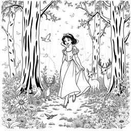 Snow White walking joyfully through an enchanted forest, surrounded by tall trees and vibrant flowers