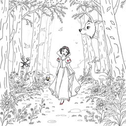 Snow White walking joyfully through an enchanted forest, surrounded by tall trees and vibrant flowers