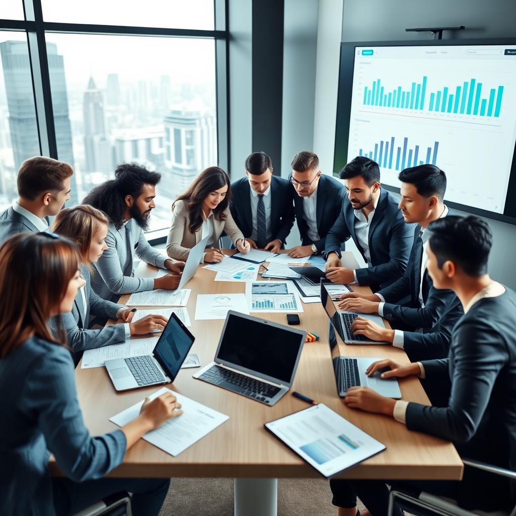 A group of diverse business professionals working together on a project in a modern office environment