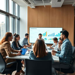 A group of diverse business professionals working together on a project in a modern office environment