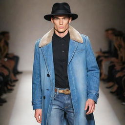 A slim and handsome male model strutting down the runway. He's clad in stylish jeans and a coat, adorned with tasteful jewelry and topped with an eye-catching hat.