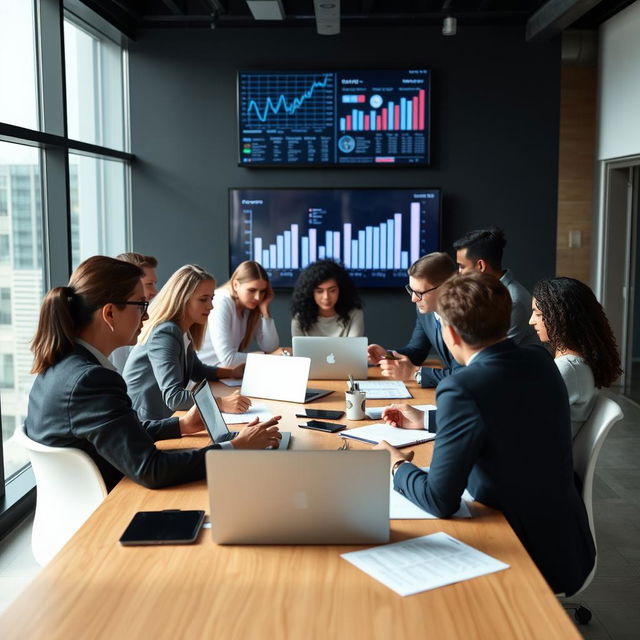 A group of diverse business professionals working together on a project in a modern office environment