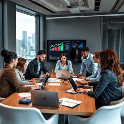 A group of diverse business professionals working together on a project in a modern office environment