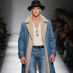 A slim and handsome male model strutting down the runway. He's clad in stylish jeans and a coat, adorned with tasteful jewelry and topped with an eye-catching hat.