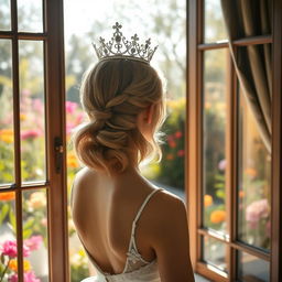 A young woman with medium ash blonde hair seen from behind, wearing an elegant white princess dress and a sparkling crown