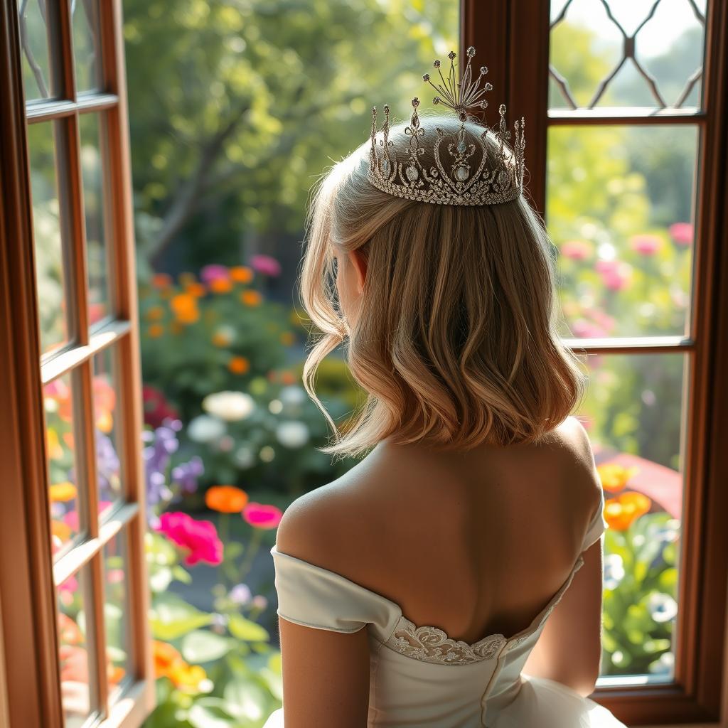 A young woman with medium ash blonde hair seen from behind, wearing an elegant white princess dress and a sparkling crown