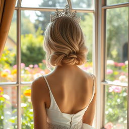 A young woman with medium ash blonde hair seen from behind, wearing an elegant white princess dress and a sparkling crown