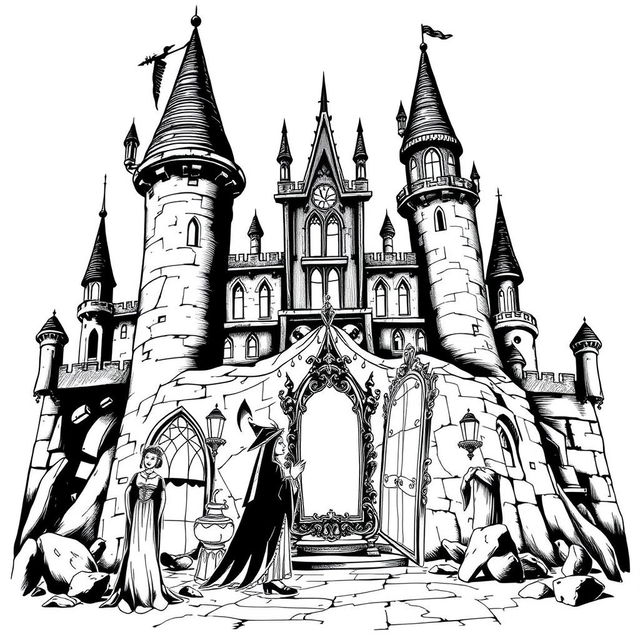 The Evil Queen's castle, characterized by dark towers and a sinister atmosphere