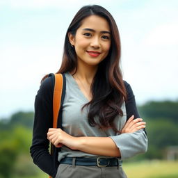 A young woman exuding self-respect, standing confidently with a slight smile and maintaining good posture