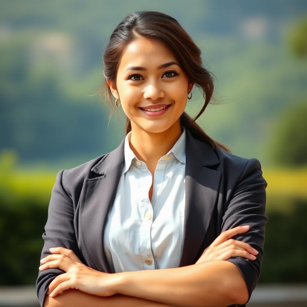 A young woman exuding self-respect, standing confidently with a slight smile and maintaining good posture