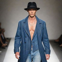 A slim and handsome male model strutting down the runway. He's clad in stylish jeans and a coat, adorned with tasteful jewelry and topped with an eye-catching hat.