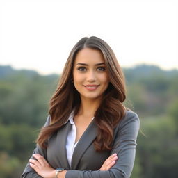 A young woman exuding self-respect, standing confidently with a slight smile and maintaining good posture