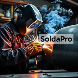 A conceptual image for a business project titled "SoldaPro", showcasing a welding company