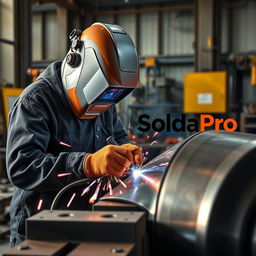 A conceptual image for a business project titled "SoldaPro", showcasing a welding company